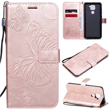 Embossing 3D Butterfly Leather Wallet Case for Xiaomi Redmi Note 9 - Rose Gold
