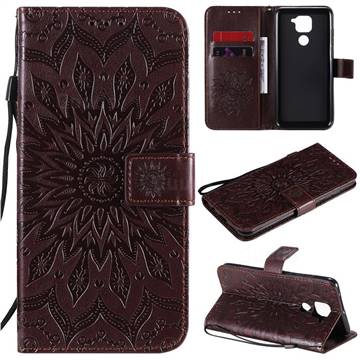 Embossing Sunflower Leather Wallet Case for Xiaomi Redmi Note 9 - Brown