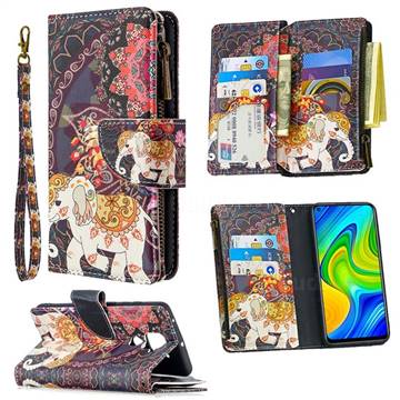 Totem Flower Elephant Binfen Color BF03 Retro Zipper Leather Wallet Phone Case for Xiaomi Redmi Note 9