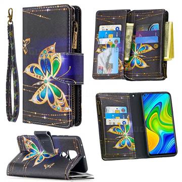 Golden Shining Butterfly Binfen Color BF03 Retro Zipper Leather Wallet Phone Case for Xiaomi Redmi Note 9