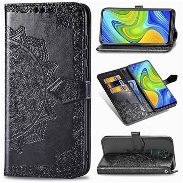 Embossing Imprint Mandala Flower Leather Wallet Case for Xiaomi Redmi Note 9 - Black