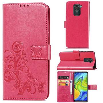 Embossing Imprint Four-Leaf Clover Leather Wallet Case for Xiaomi Redmi Note 9 - Rose Red