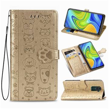 Embossing Dog Paw Kitten and Puppy Leather Wallet Case for Xiaomi Redmi Note 9 - Champagne Gold