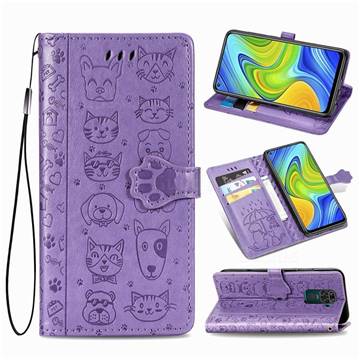 Embossing Dog Paw Kitten and Puppy Leather Wallet Case for Xiaomi Redmi Note 9 - Purple