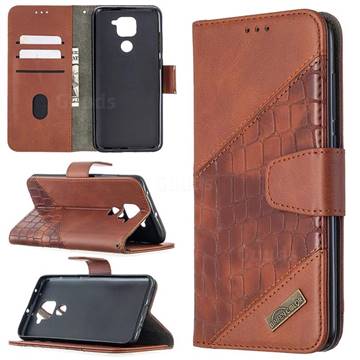 BinfenColor BF04 Color Block Stitching Crocodile Leather Case Cover for Xiaomi Redmi Note 9 - Brown