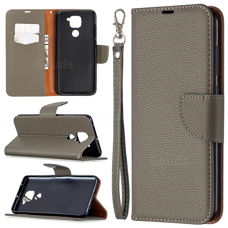 Classic Luxury Litchi Leather Phone Wallet Case for Xiaomi Redmi Note 9 - Gray