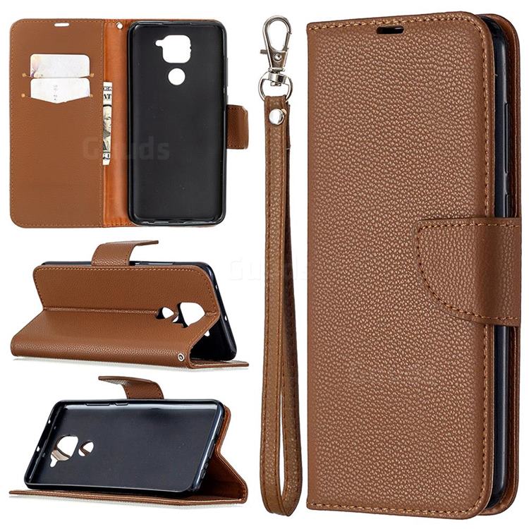 Classic Luxury Litchi Leather Phone Wallet Case for Xiaomi Redmi Note 9 - Brown