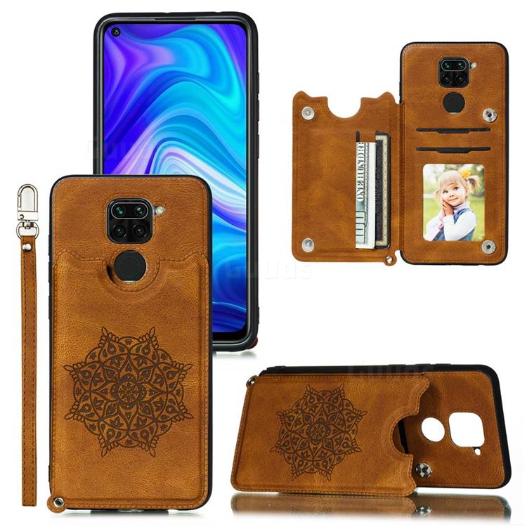 Luxury Mandala Multi-function Magnetic Card Slots Stand Leather Back Cover for Xiaomi Redmi Note 9 - Brown