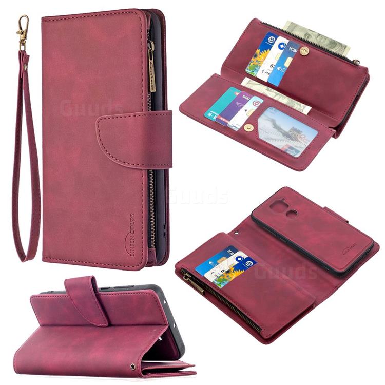 Binfen Color BF02 Sensory Buckle Zipper Multifunction Leather Phone Wallet for Xiaomi Redmi Note 9 - Red Wine