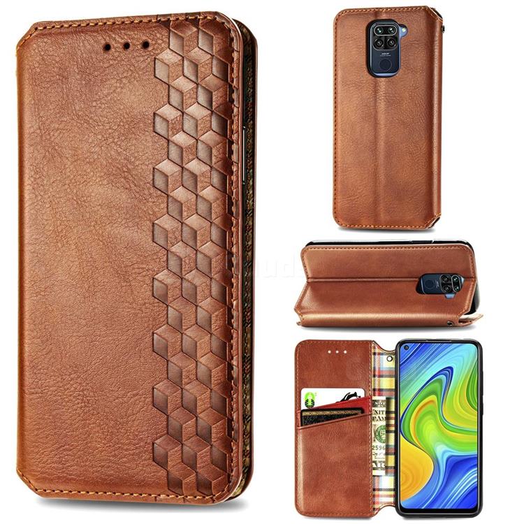 Ultra Slim Fashion Business Card Magnetic Automatic Suction Leather Flip Cover for Xiaomi Redmi Note 9 - Brown