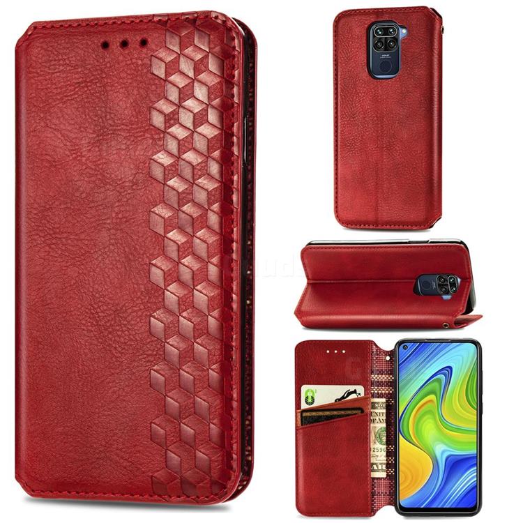 Ultra Slim Fashion Business Card Magnetic Automatic Suction Leather Flip Cover for Xiaomi Redmi Note 9 - Red