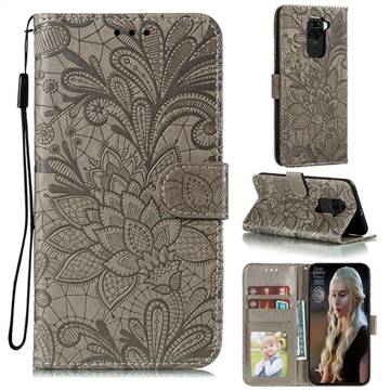 Intricate Embossing Lace Jasmine Flower Leather Wallet Case for Xiaomi Redmi Note 9 - Gray