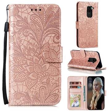 Intricate Embossing Lace Jasmine Flower Leather Wallet Case for Xiaomi Redmi Note 9 - Rose Gold