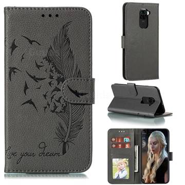Intricate Embossing Lychee Feather Bird Leather Wallet Case for Xiaomi Redmi Note 9 - Gray