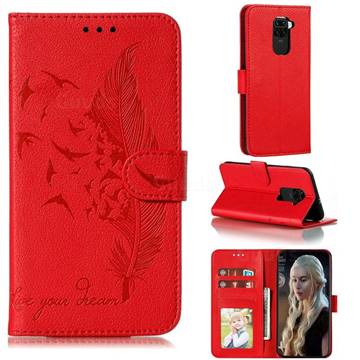 Intricate Embossing Lychee Feather Bird Leather Wallet Case for Xiaomi Redmi Note 9 - Red