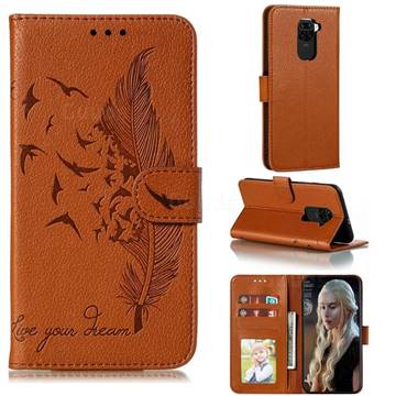 Intricate Embossing Lychee Feather Bird Leather Wallet Case for Xiaomi Redmi Note 9 - Brown