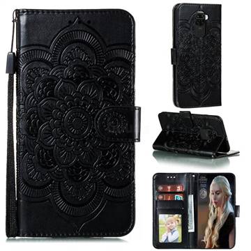 Intricate Embossing Datura Solar Leather Wallet Case for Xiaomi Redmi Note 9 - Black