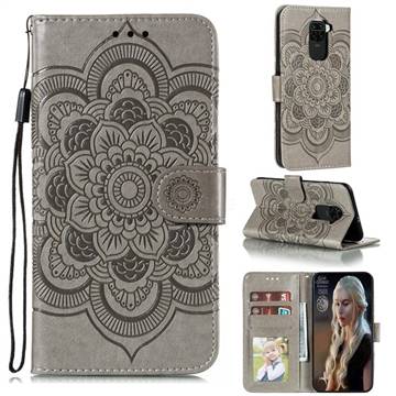 Intricate Embossing Datura Solar Leather Wallet Case for Xiaomi Redmi Note 9 - Gray