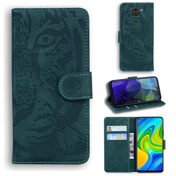 Intricate Embossing Tiger Face Leather Wallet Case for Xiaomi Redmi Note 9 - Green