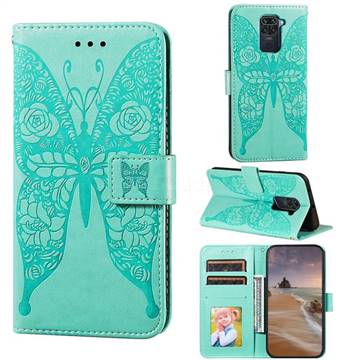 Intricate Embossing Rose Flower Butterfly Leather Wallet Case for Xiaomi Redmi Note 9 - Green