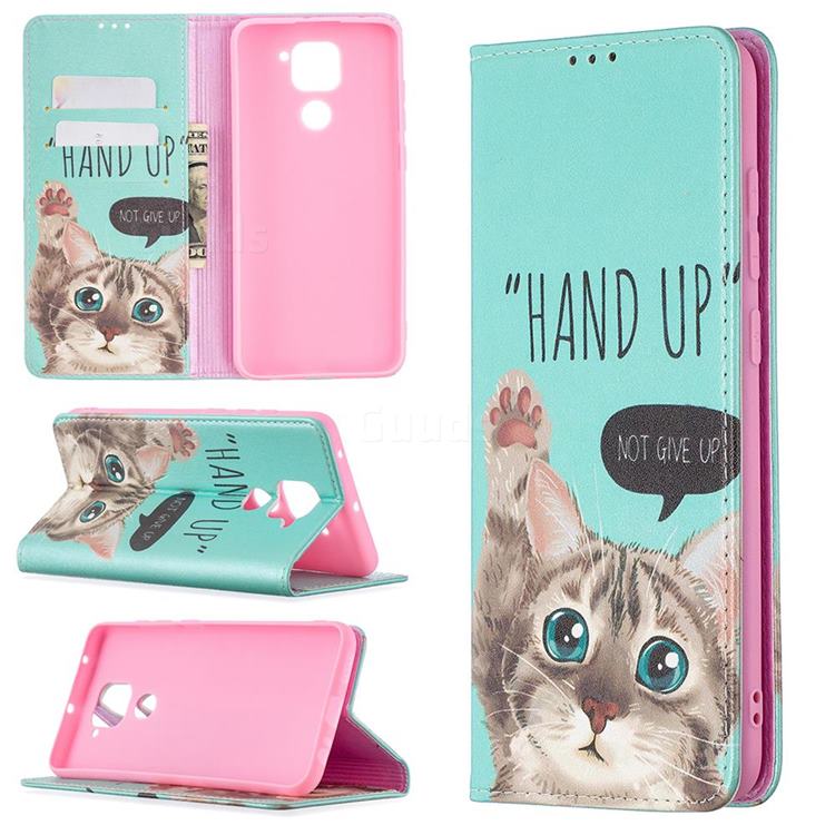 Hand Up Cat Slim Magnetic Attraction Wallet Flip Cover for Xiaomi Redmi Note 9