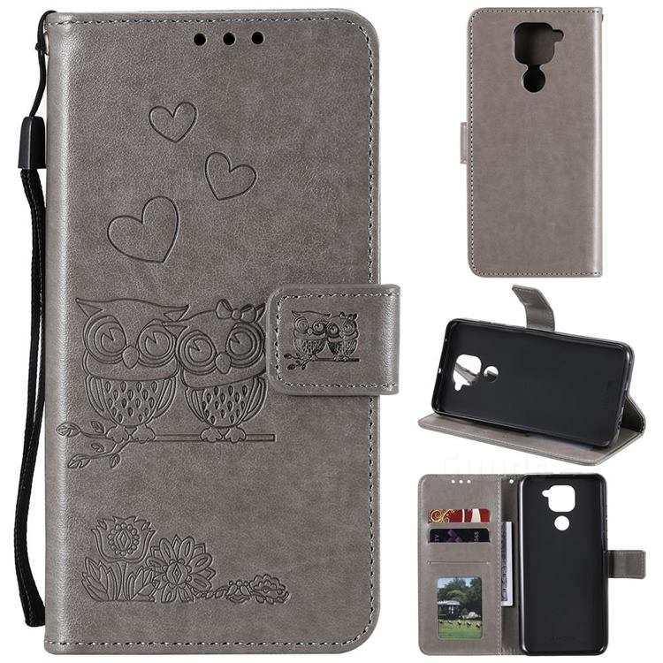 Embossing Owl Couple Flower Leather Wallet Case for Xiaomi Redmi Note 9 - Gray