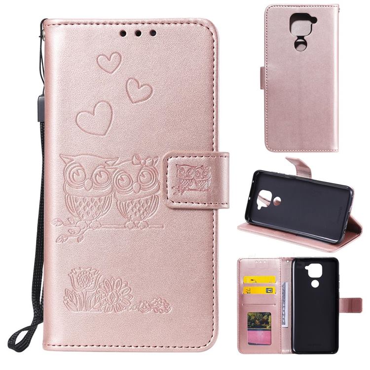 Embossing Owl Couple Flower Leather Wallet Case for Xiaomi Redmi Note 9 - Rose Gold