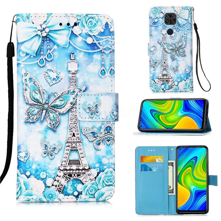 Tower Butterfly Matte Leather Wallet Phone Case for Xiaomi Redmi Note 9