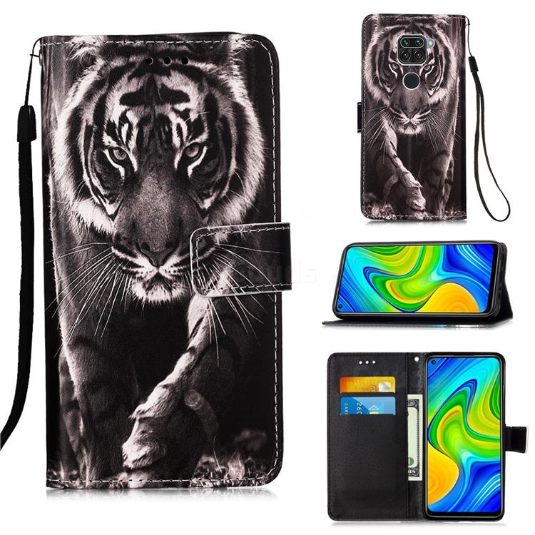 Black and White Tiger Matte Leather Wallet Phone Case for Xiaomi Redmi Note 9