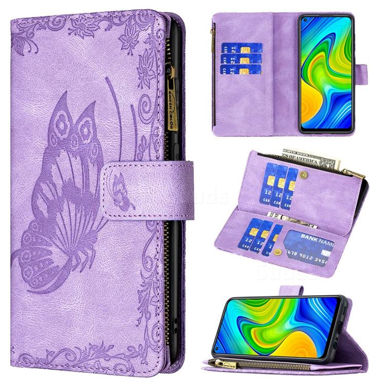 Binfen Color Imprint Vivid Butterfly Buckle Zipper Multi-function Leather Phone Wallet for Xiaomi Redmi Note 9 - Purple