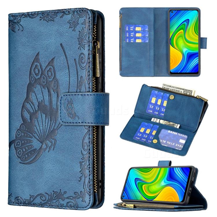 Binfen Color Imprint Vivid Butterfly Buckle Zipper Multi-function Leather Phone Wallet for Xiaomi Redmi Note 9 - Blue