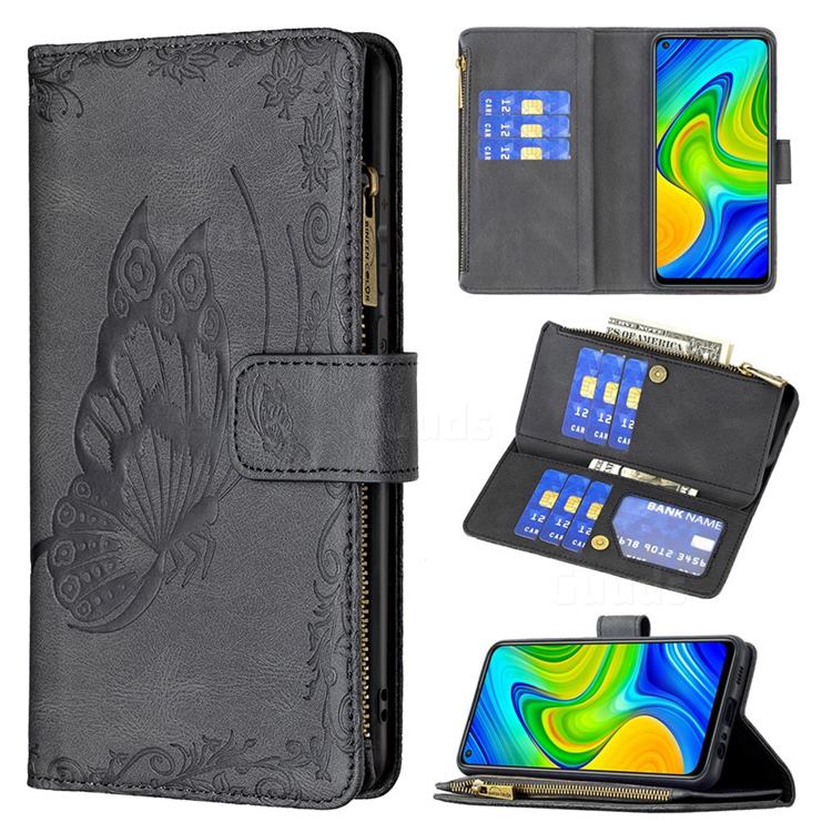 Binfen Color Imprint Vivid Butterfly Buckle Zipper Multi-function Leather Phone Wallet for Xiaomi Redmi Note 9 - Black