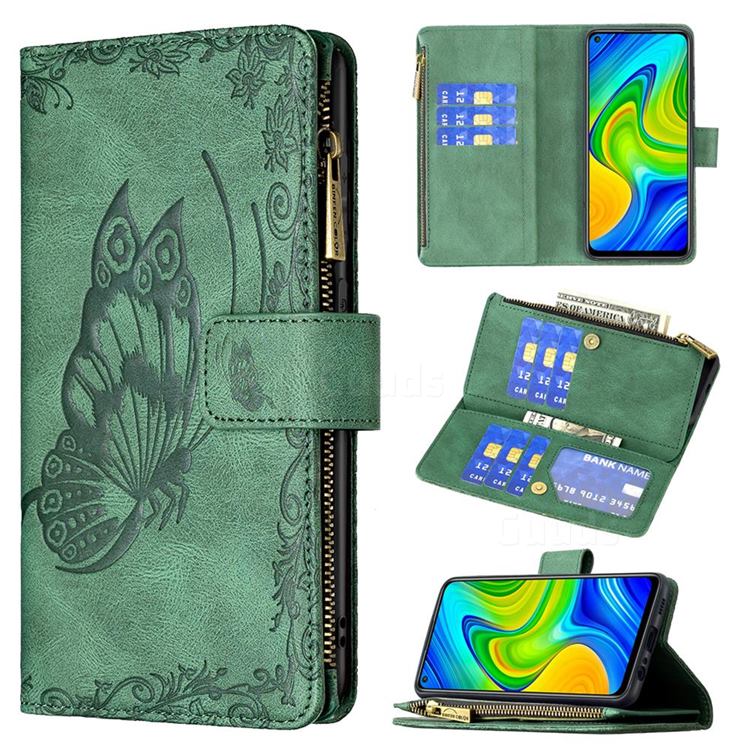 Binfen Color Imprint Vivid Butterfly Buckle Zipper Multi-function Leather Phone Wallet for Xiaomi Redmi Note 9 - Green