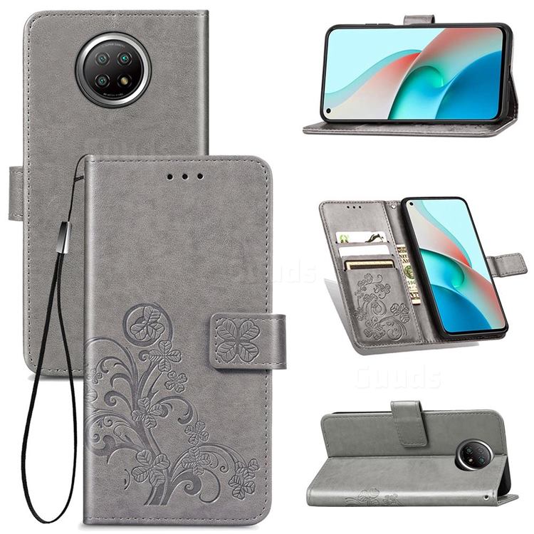 Embossing Imprint Four-Leaf Clover Leather Wallet Case for Xiaomi Redmi Note 9 5G - Grey