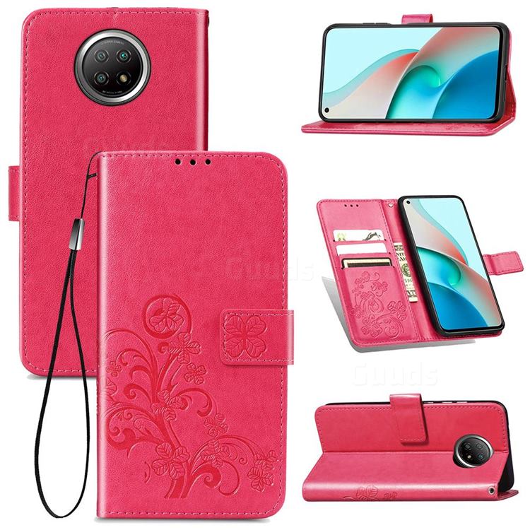 Embossing Imprint Four-Leaf Clover Leather Wallet Case for Xiaomi Redmi Note 9 5G - Rose Red