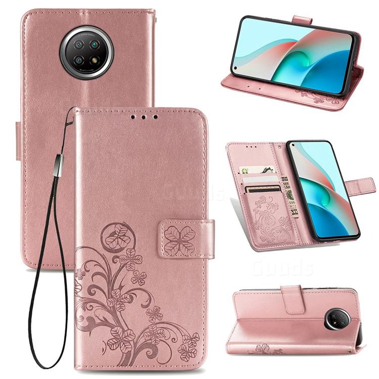 Embossing Imprint Four-Leaf Clover Leather Wallet Case for Xiaomi Redmi Note 9 5G - Rose Gold