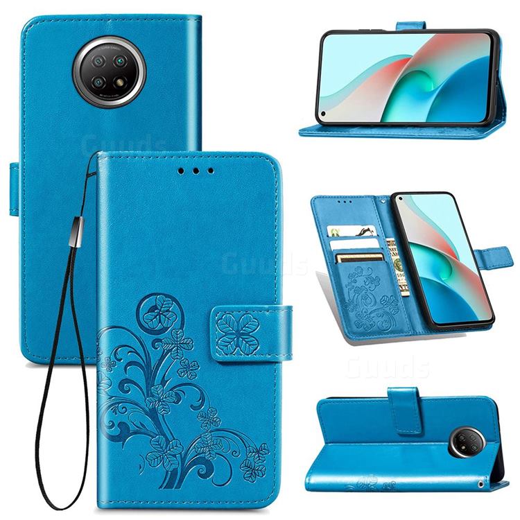Embossing Imprint Four-Leaf Clover Leather Wallet Case for Xiaomi Redmi Note 9 5G - Blue