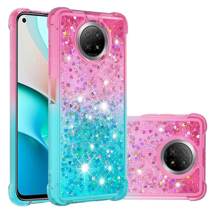 Rainbow Gradient Liquid Glitter Quicksand Sequins Phone Case for Xiaomi Redmi Note 9 5G - Pink Blue