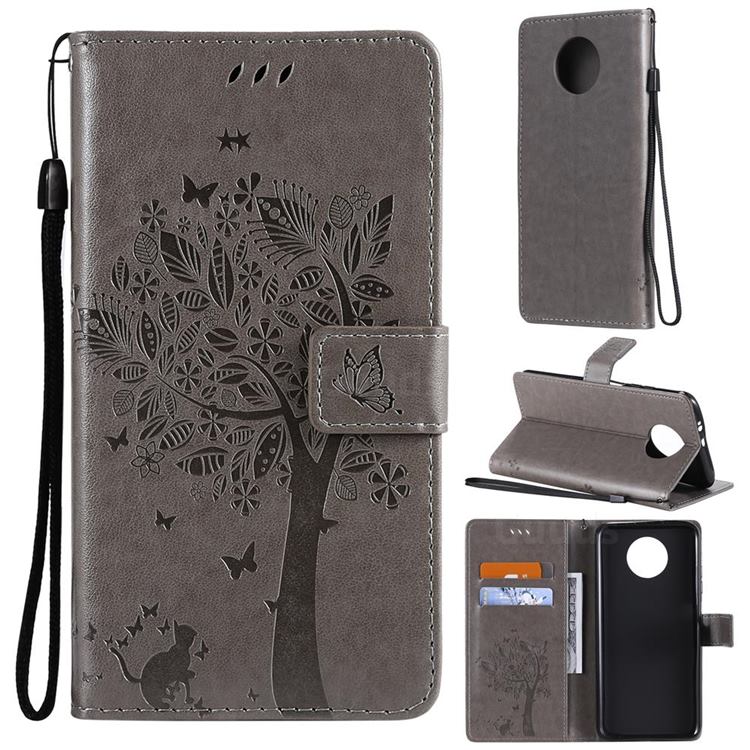 Embossing Butterfly Tree Leather Wallet Case for Xiaomi Redmi Note 9 5G - Grey