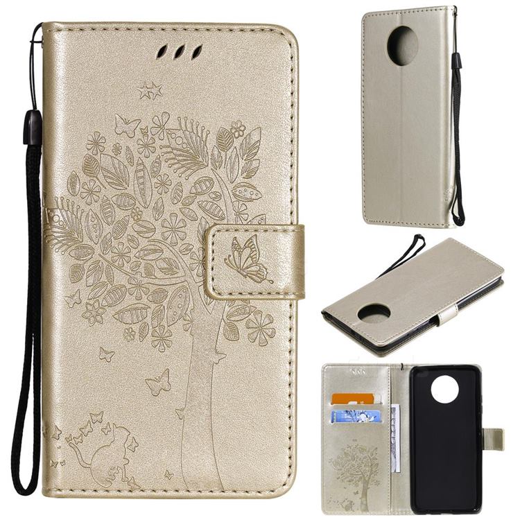 Embossing Butterfly Tree Leather Wallet Case for Xiaomi Redmi Note 9 5G - Champagne