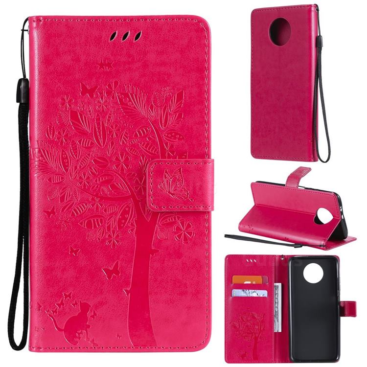 Embossing Butterfly Tree Leather Wallet Case for Xiaomi Redmi Note 9 5G - Rose