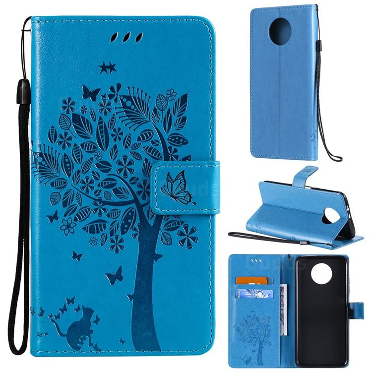 Embossing Butterfly Tree Leather Wallet Case for Xiaomi Redmi Note 9 5G - Blue
