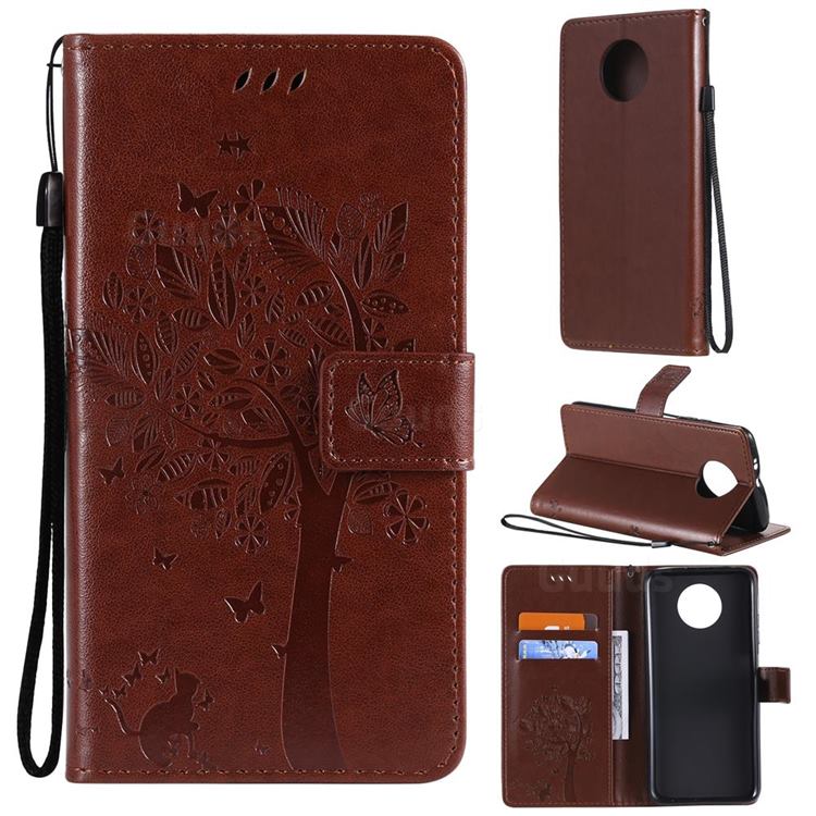 Embossing Butterfly Tree Leather Wallet Case for Xiaomi Redmi Note 9 5G - Coffee