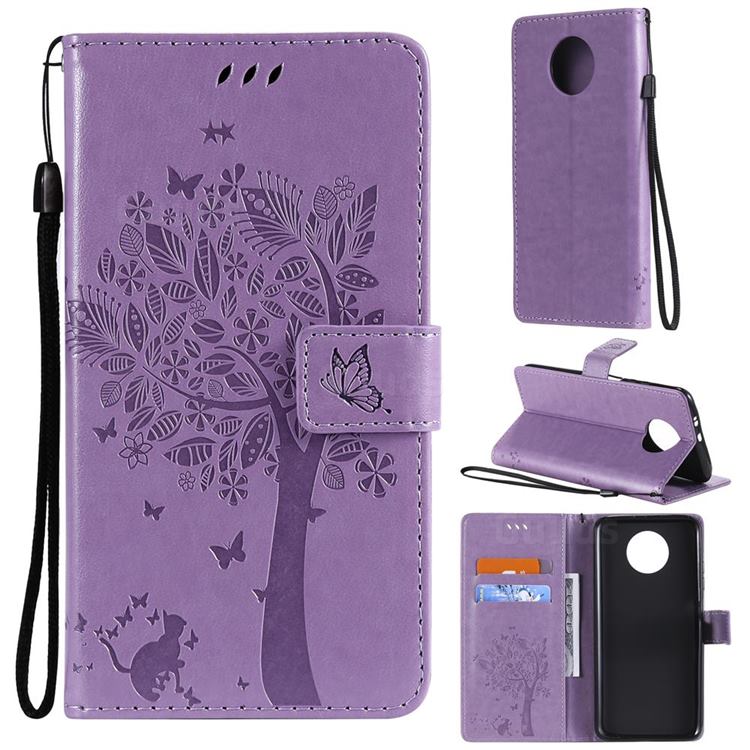 Embossing Butterfly Tree Leather Wallet Case for Xiaomi Redmi Note 9 5G - Violet