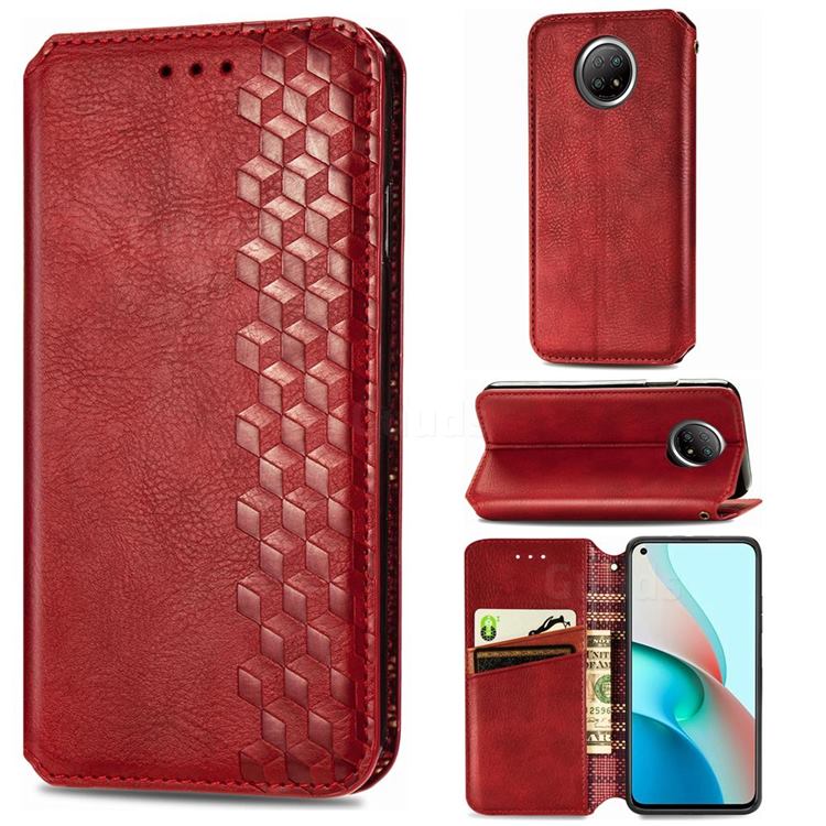 Ultra Slim Fashion Business Card Magnetic Automatic Suction Leather Flip Cover for Xiaomi Redmi Note 9 5G - Red