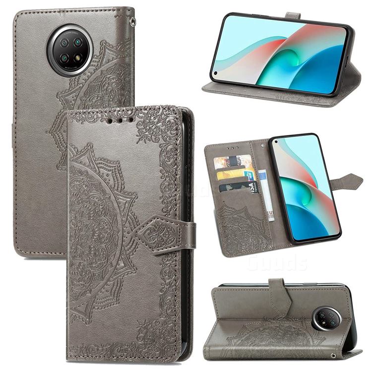 Embossing Imprint Mandala Flower Leather Wallet Case for Xiaomi Redmi Note 9 5G - Gray