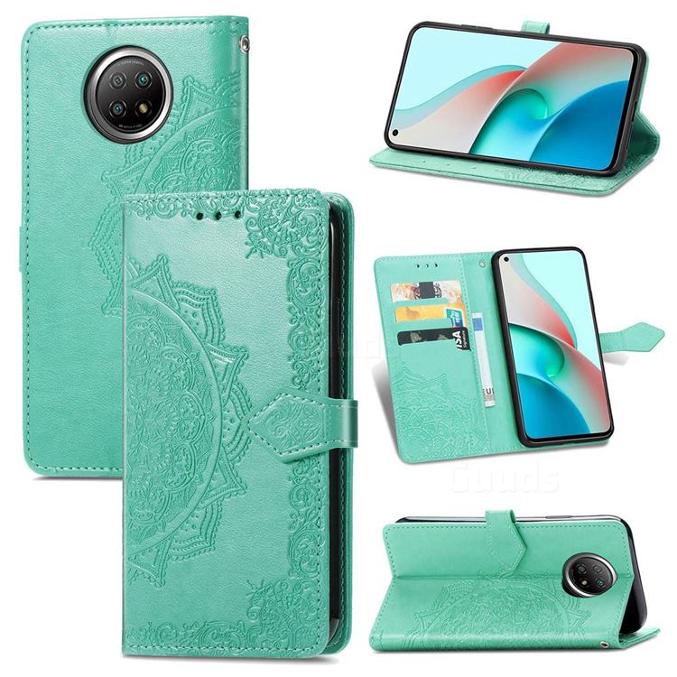 Embossing Imprint Mandala Flower Leather Wallet Case for Xiaomi Redmi Note 9 5G - Green