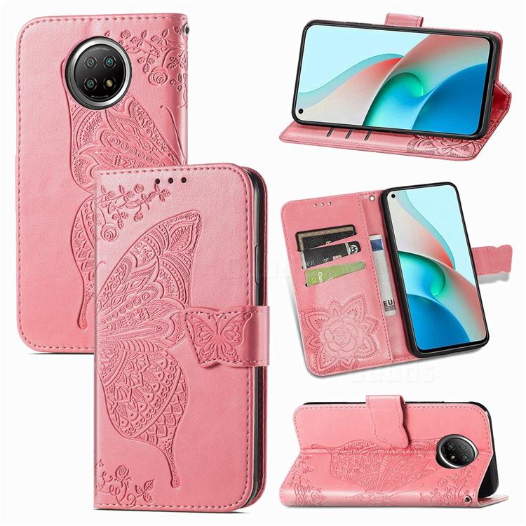 Embossing Mandala Flower Butterfly Leather Wallet Case for Xiaomi Redmi Note 9 5G - Pink