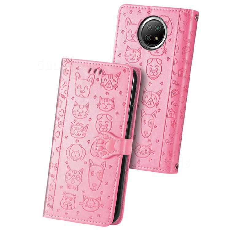 Embossing Dog Paw Kitten and Puppy Leather Wallet Case for Xiaomi Redmi Note 9 5G - Pink