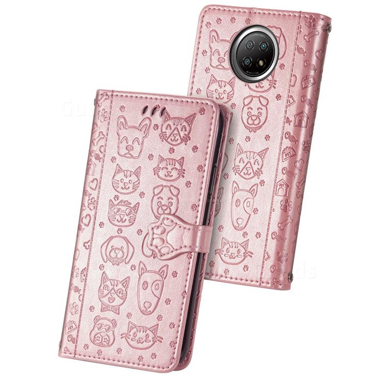 Embossing Dog Paw Kitten and Puppy Leather Wallet Case for Xiaomi Redmi Note 9 5G - Rose Gold